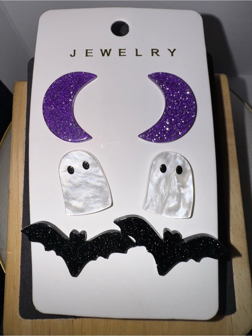 Halloween Earring Set - Purple Glitter Moons, Pearl Ghosts & Black Glitter Bats